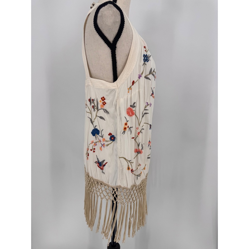 Anthropologie Halter Top Women Size 8 Ivory Embroidered Fringe Boho Bird - Picture 2 of 14